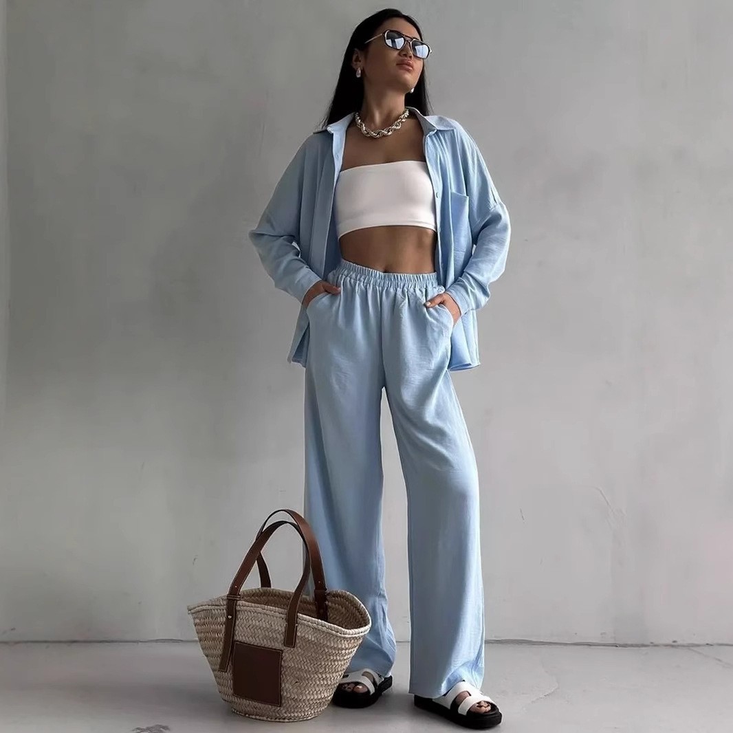 Women's Solid Color Cardigan and Wide-Leg Pants Set with Pockets