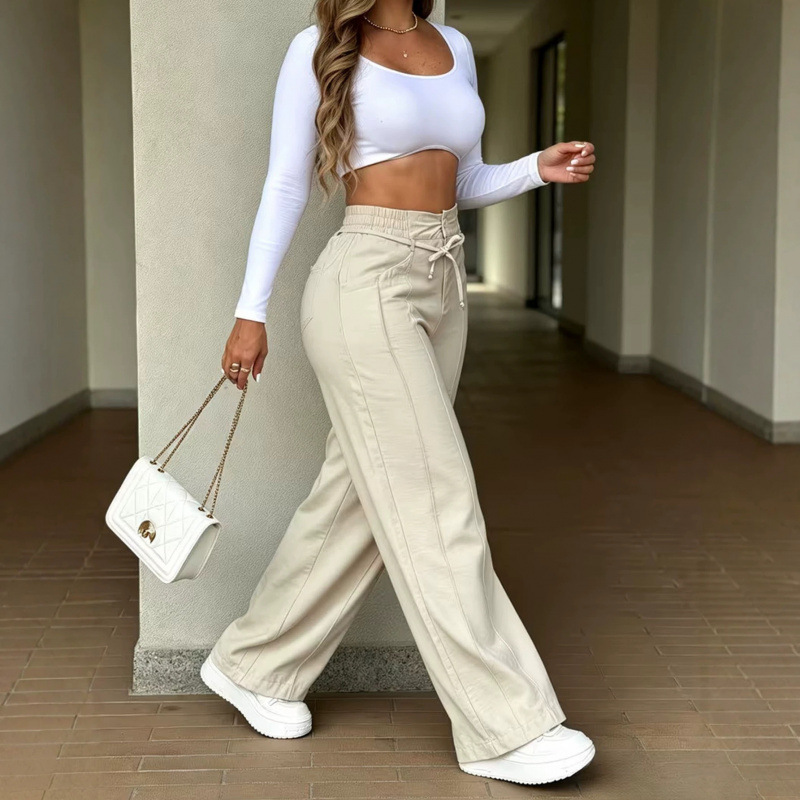 Women's Casual Straight-Leg Drawstring Pants with Pintuck Detail