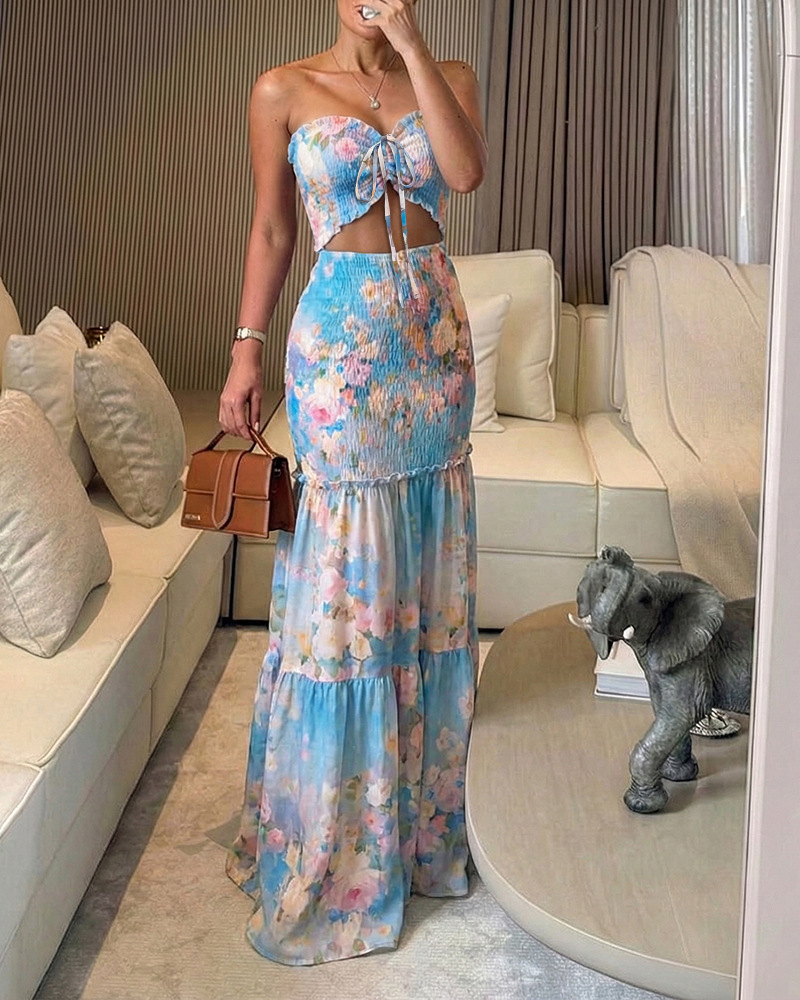 Tropical Print Smocked Tube Top and Ruffle Hem Long Pants Set