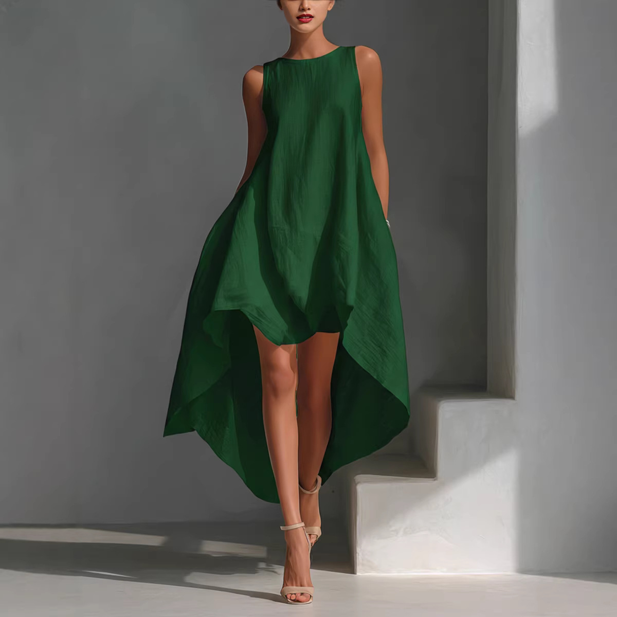 Sleeveless High-Low Cotton-Linen Blend Dress