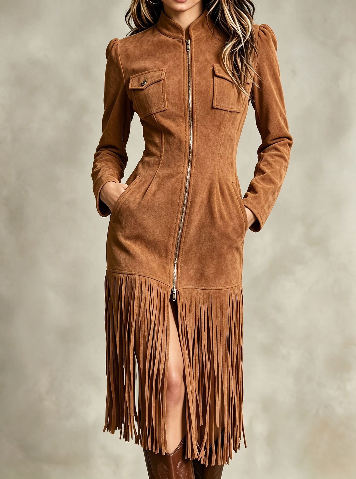 Retro Faux Suede Fringe Dress with Pockets and Zip Hem