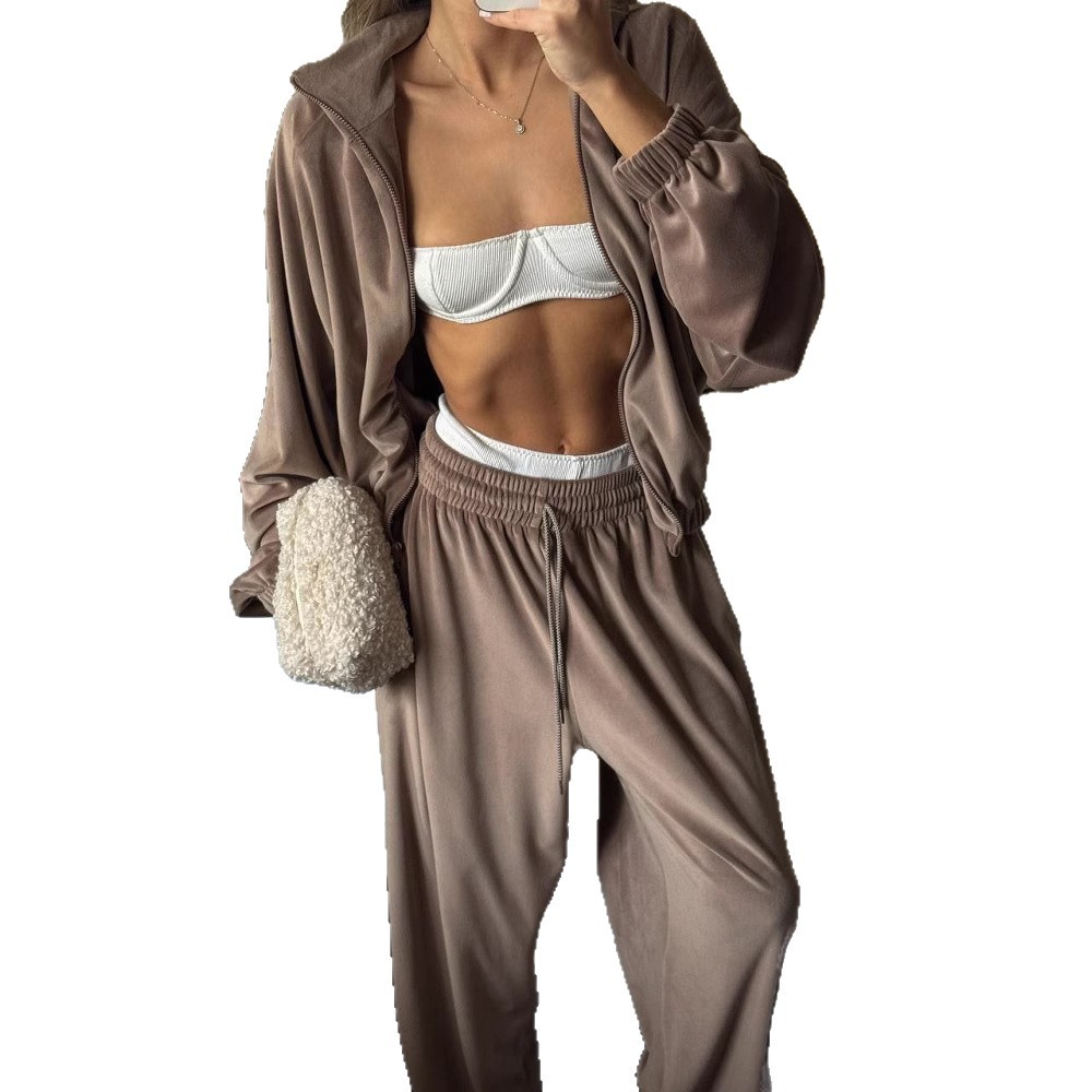 Women's Solid Color Zip-Up Cardigan and Pants Two-Piece Set