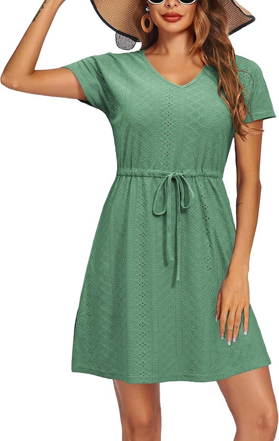 Women's Cutout Waist V-Neck Short Sleeve Beach Dress