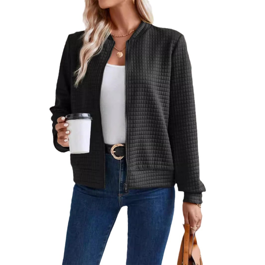 Women's Solid Color Zip-Up Jacket with Textured Finish