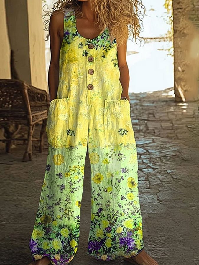 3D Floral Print Sleeveless Jumpsuit with Pockets