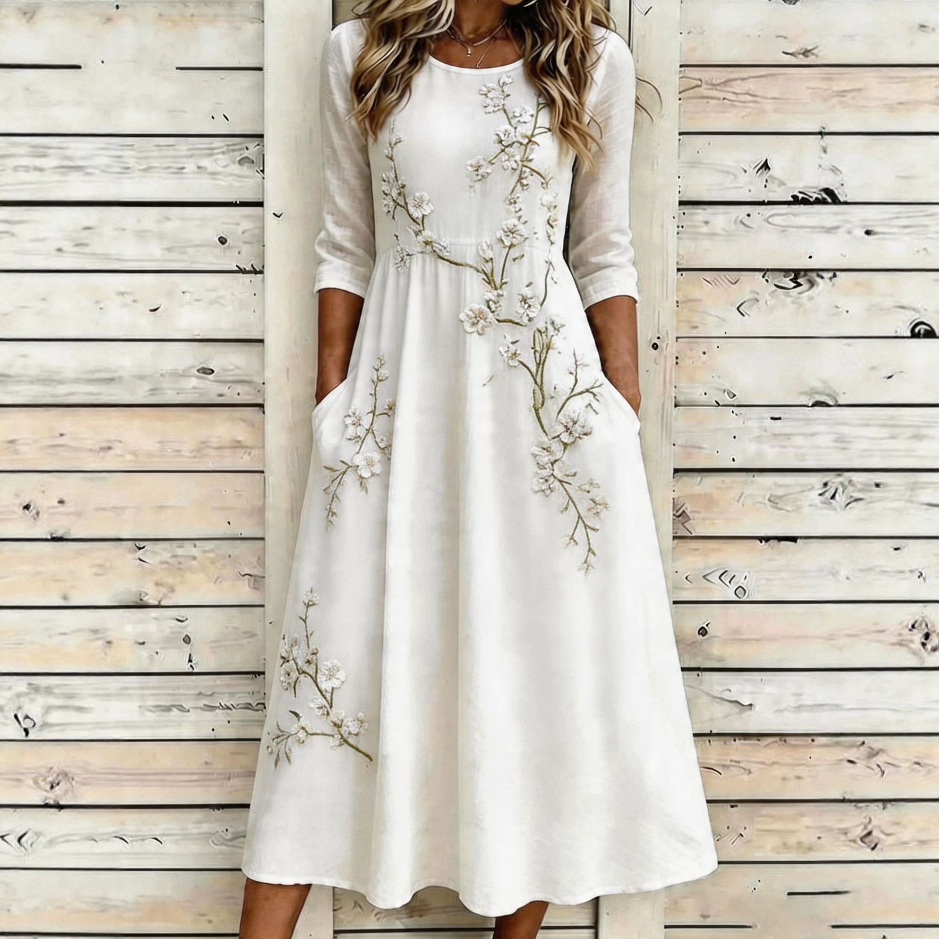 Floral Embroidered Midi Dress with Pockets