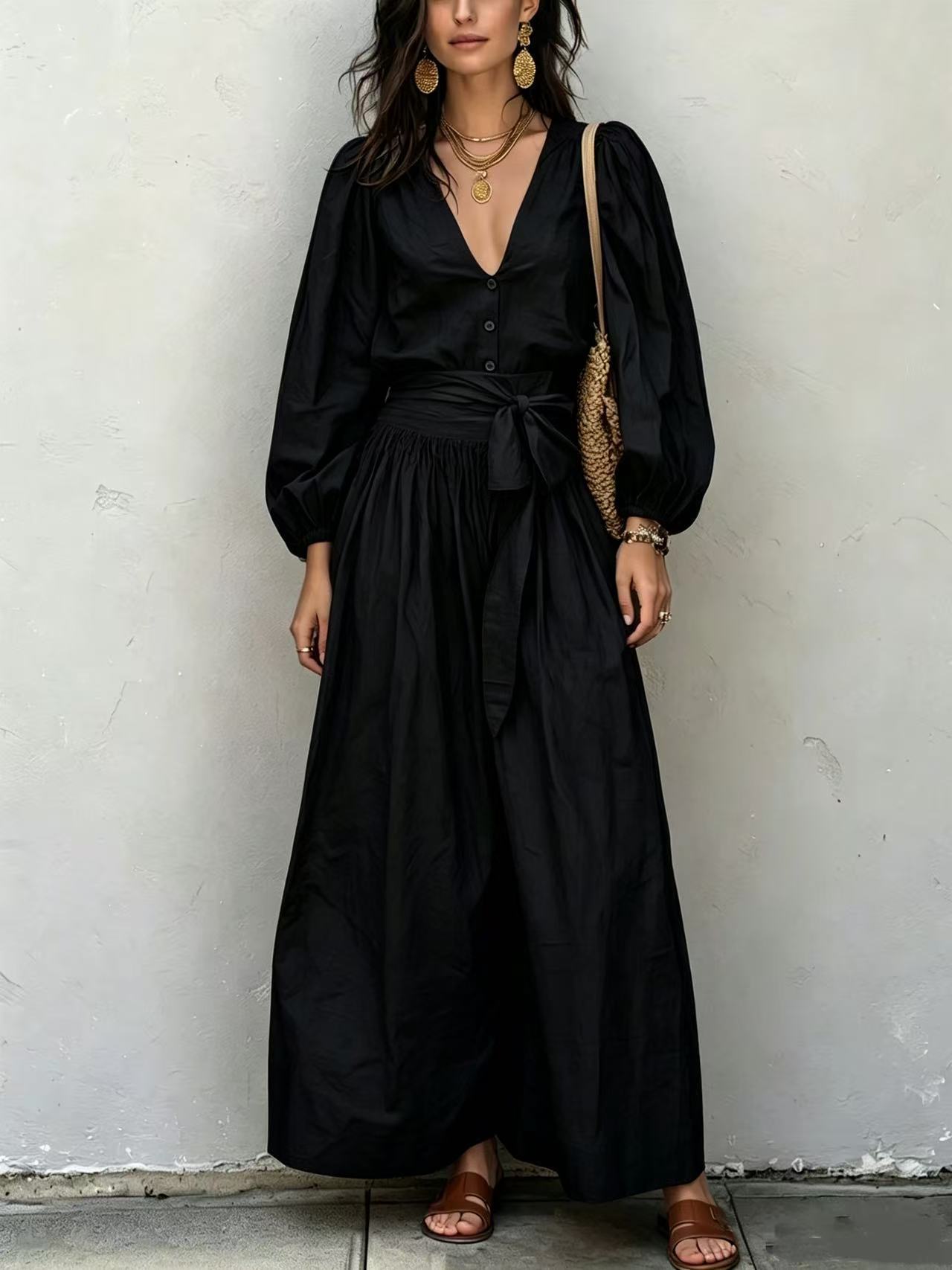 V-Neck Long-Sleeve Tie-Waist Pleated Pants Set