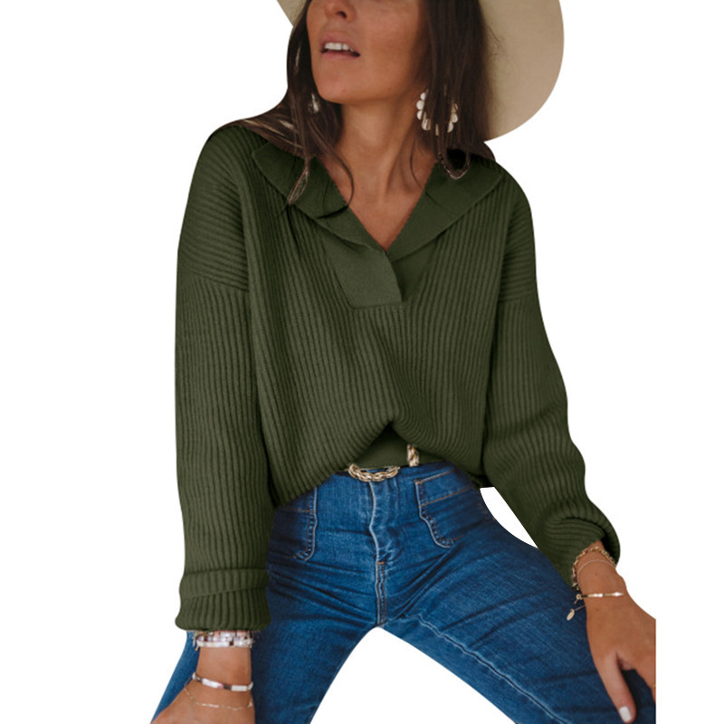 Women's Solid Color Lapel Pullover Sweater
