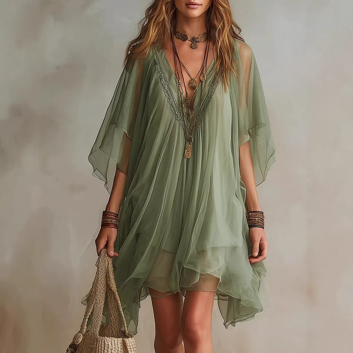 V-Neck Chiffon Dress Loose Beach Cover-Up