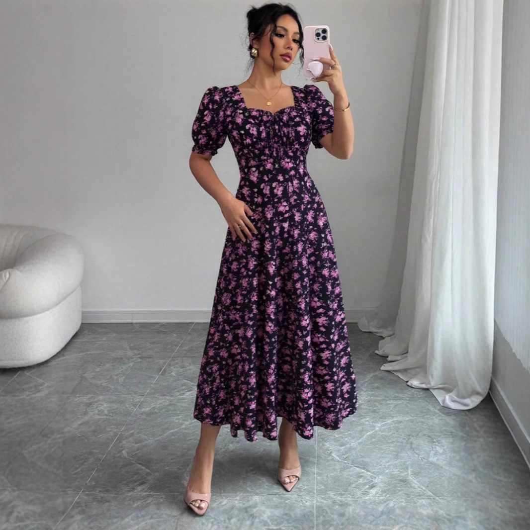 Elegant Short Sleeve Ruffle Dress with U-Neck and Puff Sleeves