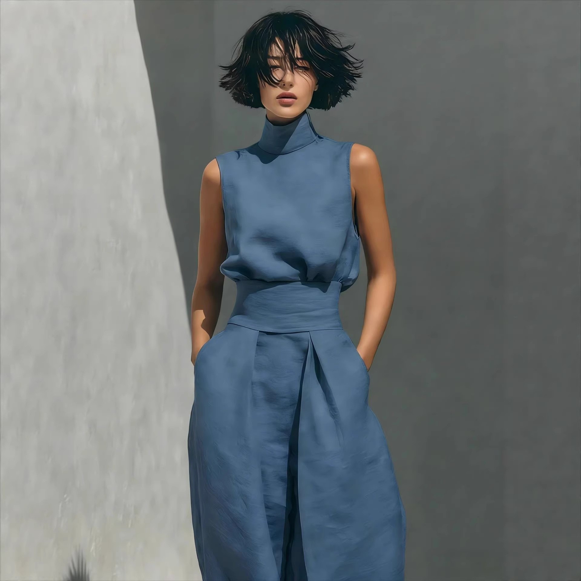 Solid Color Cotton-Linen Blend Sleeveless Top and Wide-Leg Pants Set