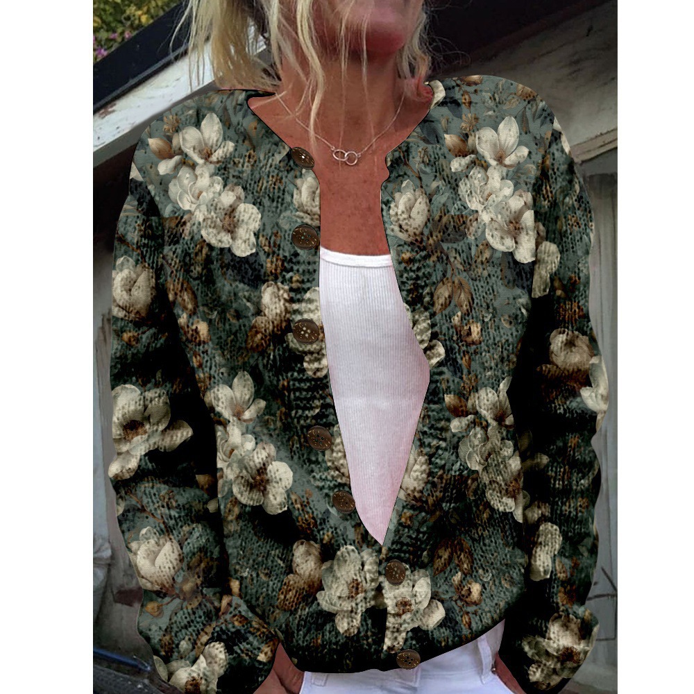 Women's Paw Print Floral Button Cardigan Sweater