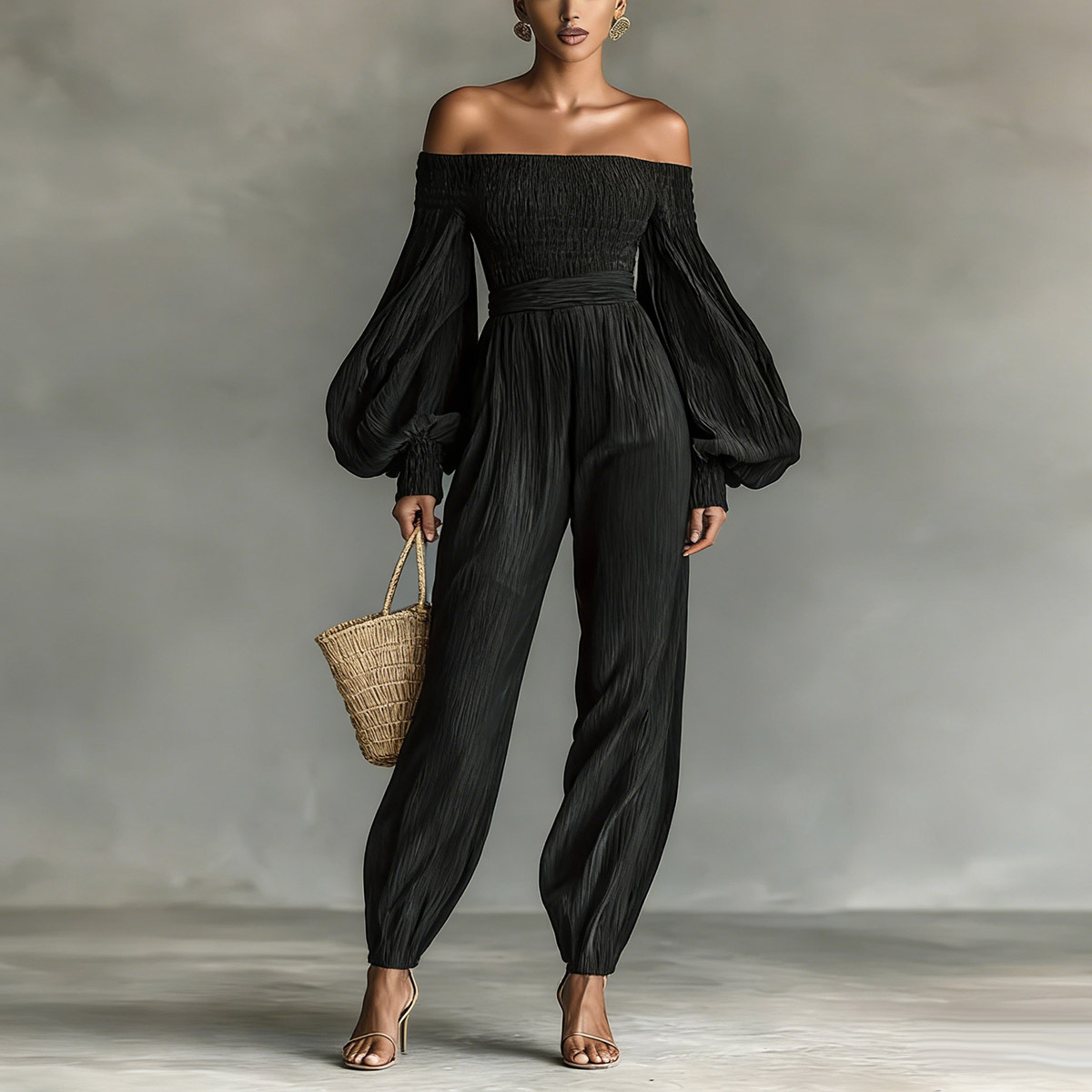 Women's Off-Shoulder Lantern Sleeve Ruched Loose Jumpsuit