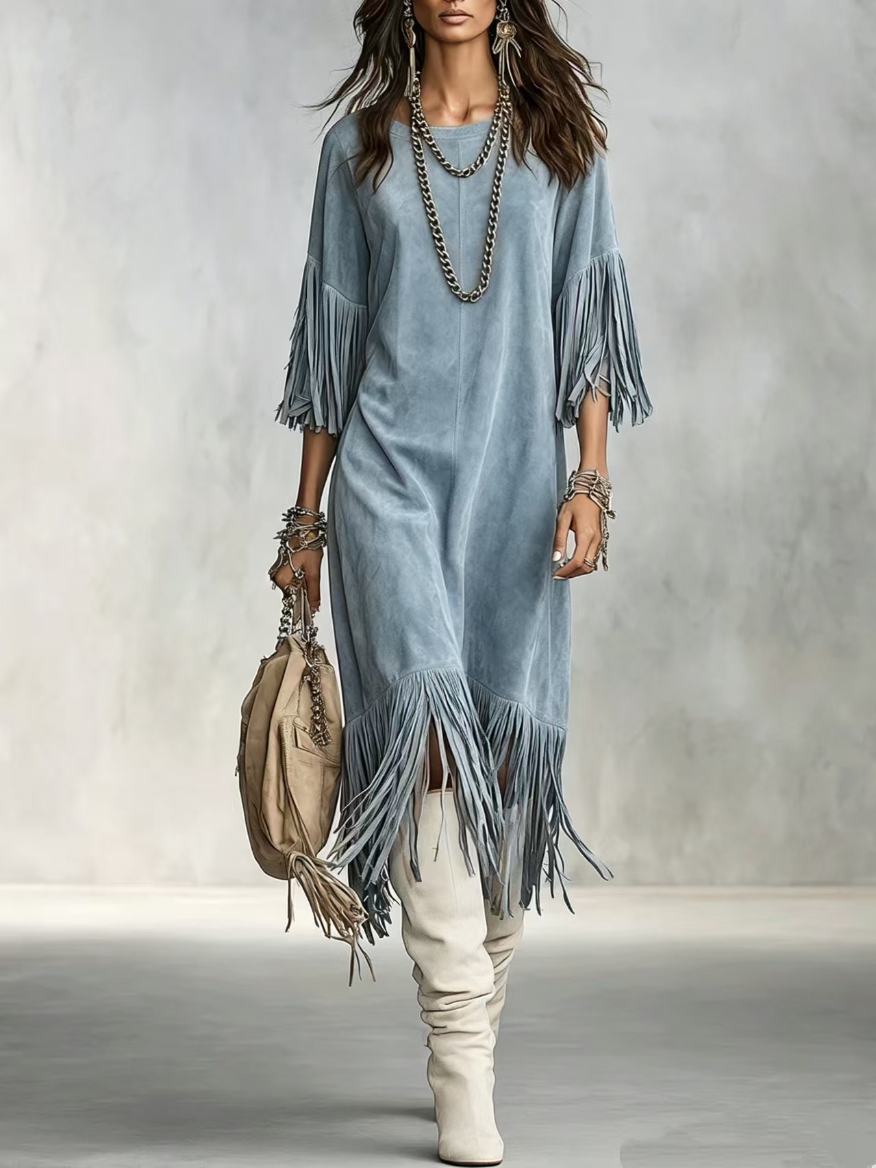 Bohemian Fringe Crewneck Drop Shoulder Dress