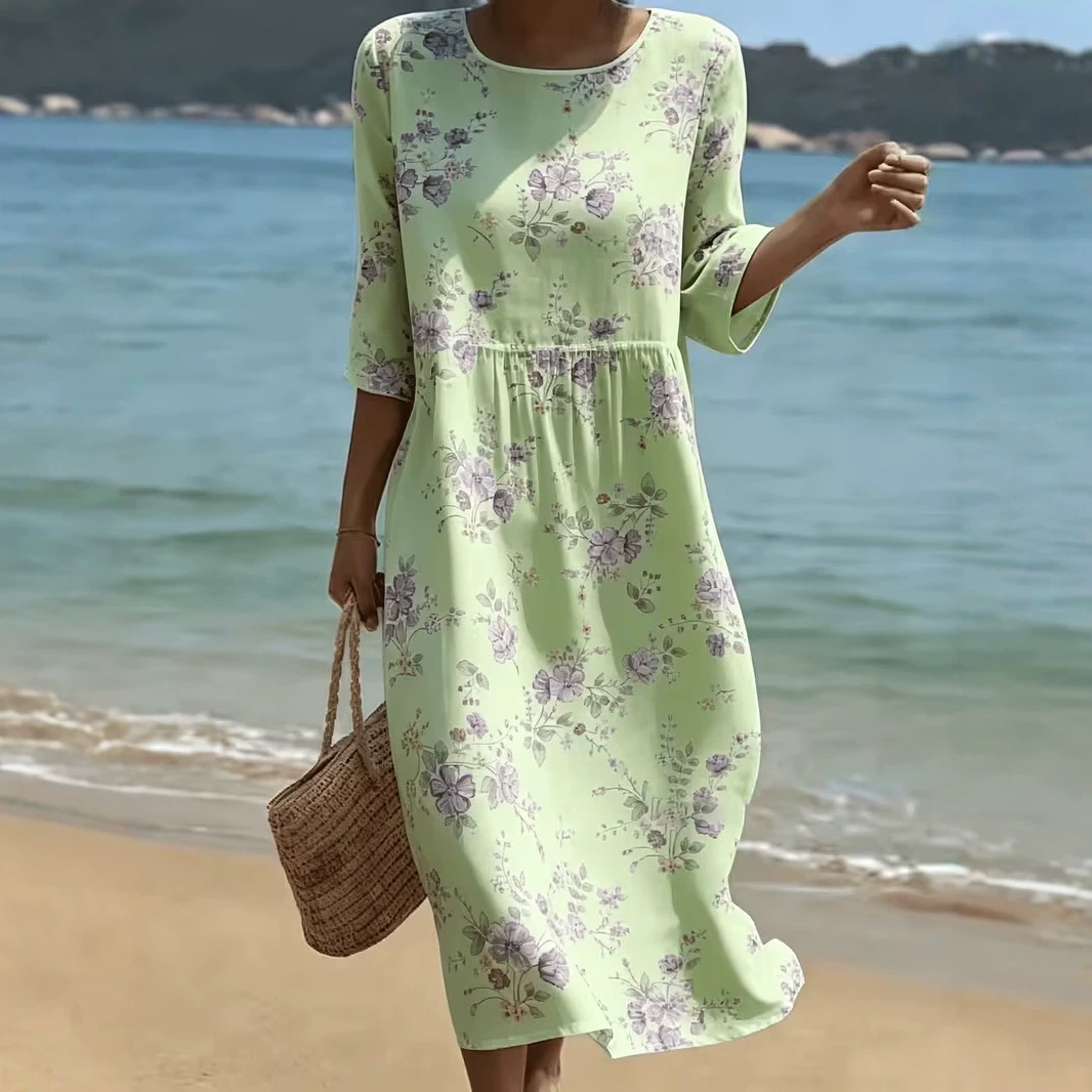 Women's Floral Print Ruched Midi Dress Crew Neck Half Sleeve