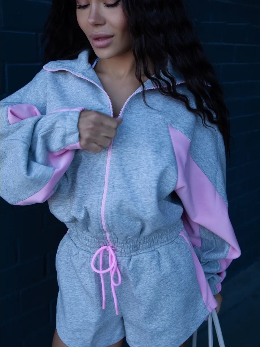 Color-Block Long-Sleeve Zip Cardigan & Tie Shorts 2-Piece Set