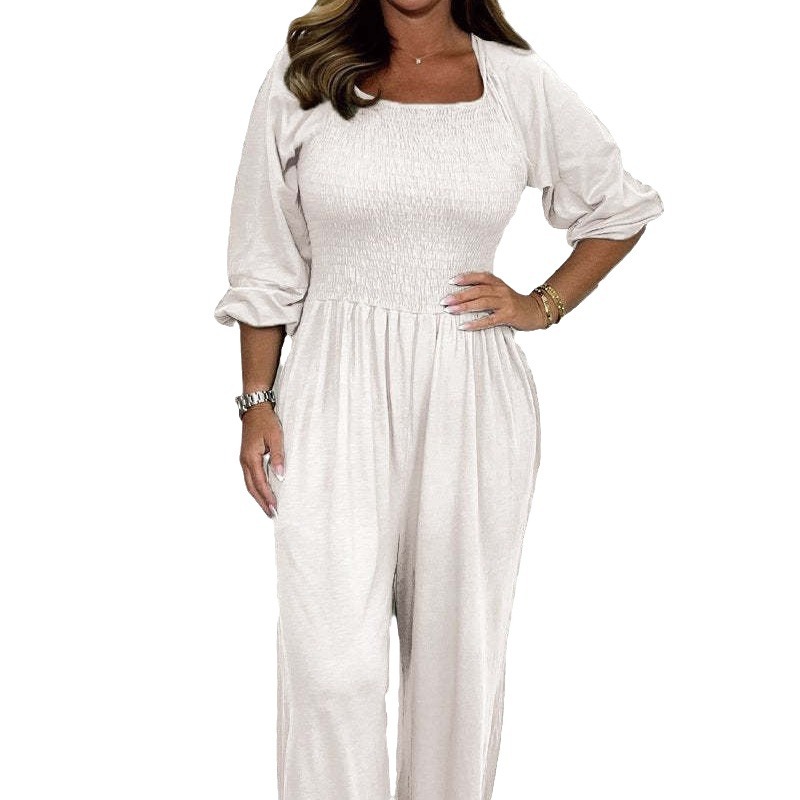 Women's Summer Casual Solid Color Smocked Jumpsuit
