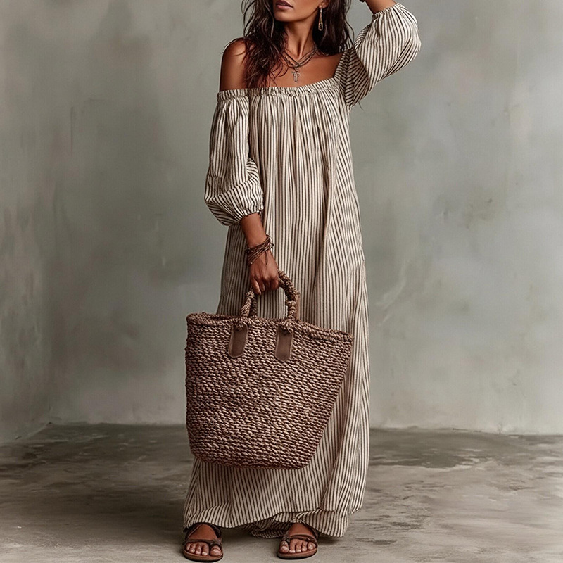 Elegant Striped Long Dress Casual A-Line