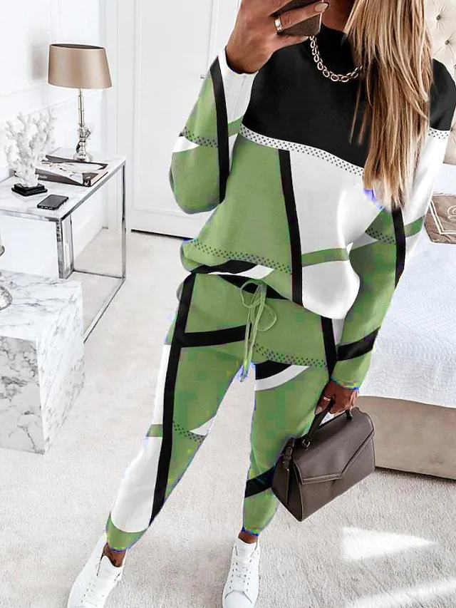 Women's Colorblock Print Long Sleeve Casual Pants Set