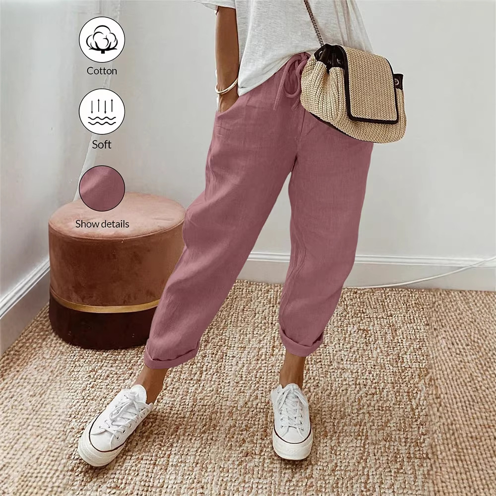 Women's Cotton Linen Cropped Pants with Pockets and Elastic Waist, Loose Casual