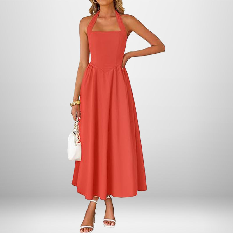 Women's Sleeveless Halter Backless A-Line Midi Dress