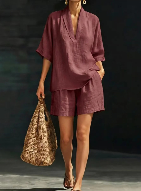 Women's Casual V-Neck Short Sleeve Two-Piece Set with Shorts