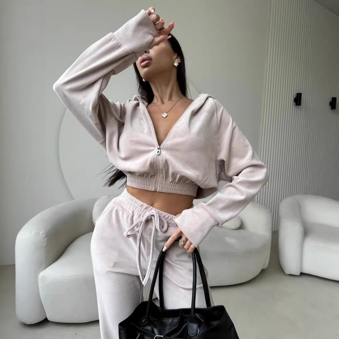 Women's Velvet Hooded Zip-Up Jacket & Drawstring Wide-Leg Pants Set