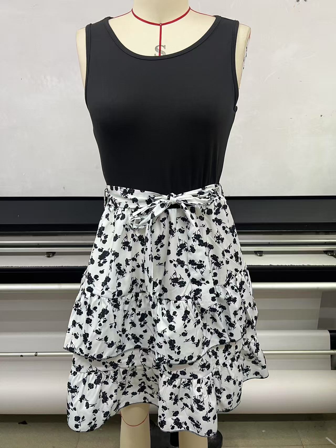 Sleeveless Belted Floral Cami Top and Tiered Midi Skirt Set