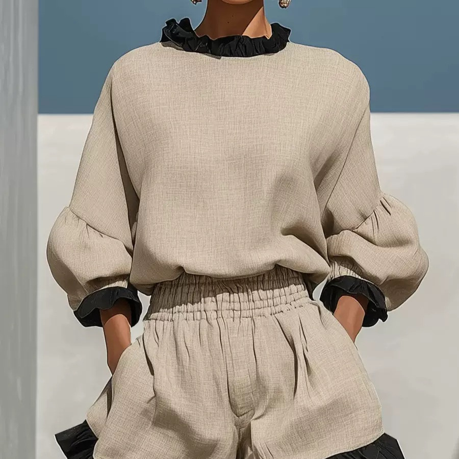Ruffle Trim Long Sleeve Top & High Waist Wide Leg Ruffle Hem Shorts Two-Piece Set