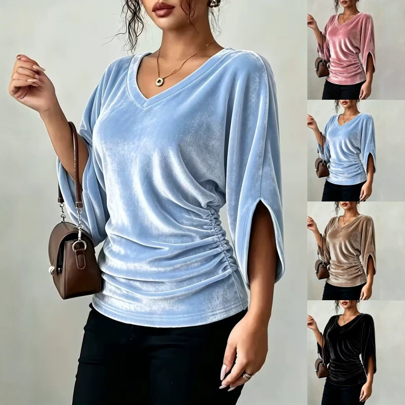 Women's Velvet V-Neck Batwing Sleeve Top