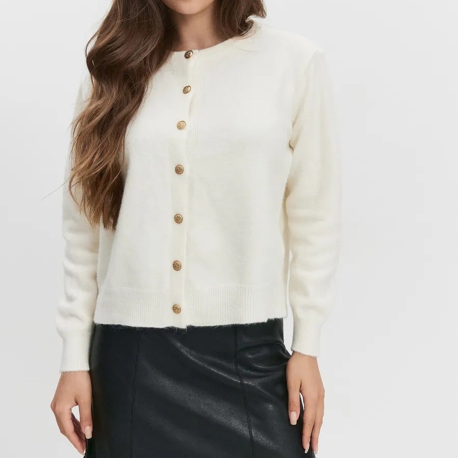 Long Sleeve Knit Cardigan with Gold Buttons Crew Neck Solid Color Loose Sweater Coat