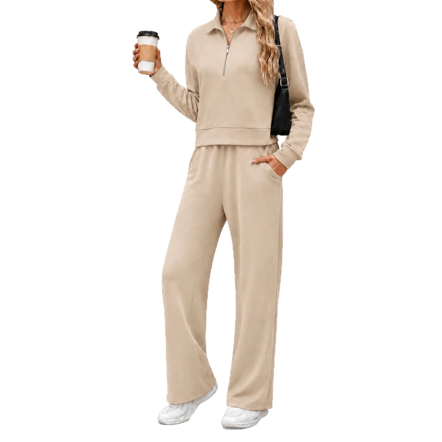 Women's Half-Zip Collared Sweatshirt & Wide-Leg Pants Set Casual Two-Piece