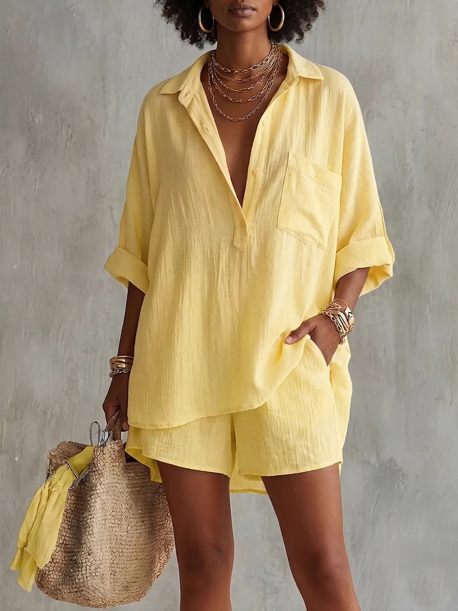Women's Cotton-Linen Two-Piece Set with Pockets Casual Summer Outfit