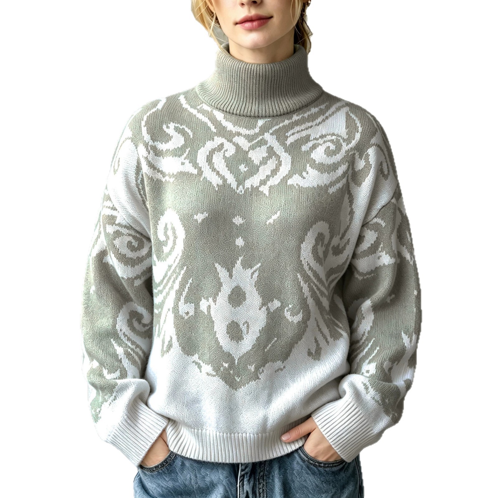 Women's Turtleneck Knit Sweater Vintage Jacquard Gradient Colorblock Loose Drop Shoulder