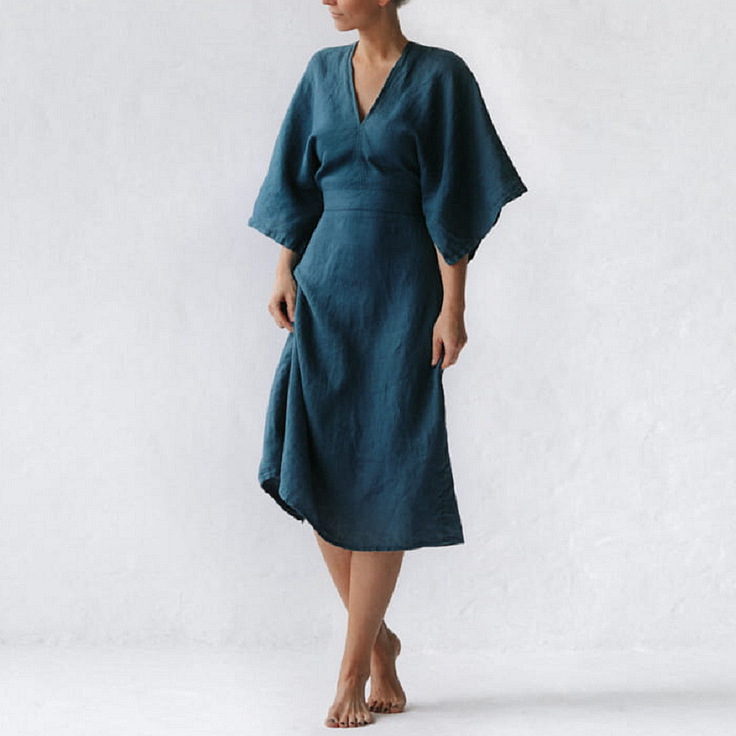 V-Neck Loose Cotton-Blend Short-Sleeve Midi Dress