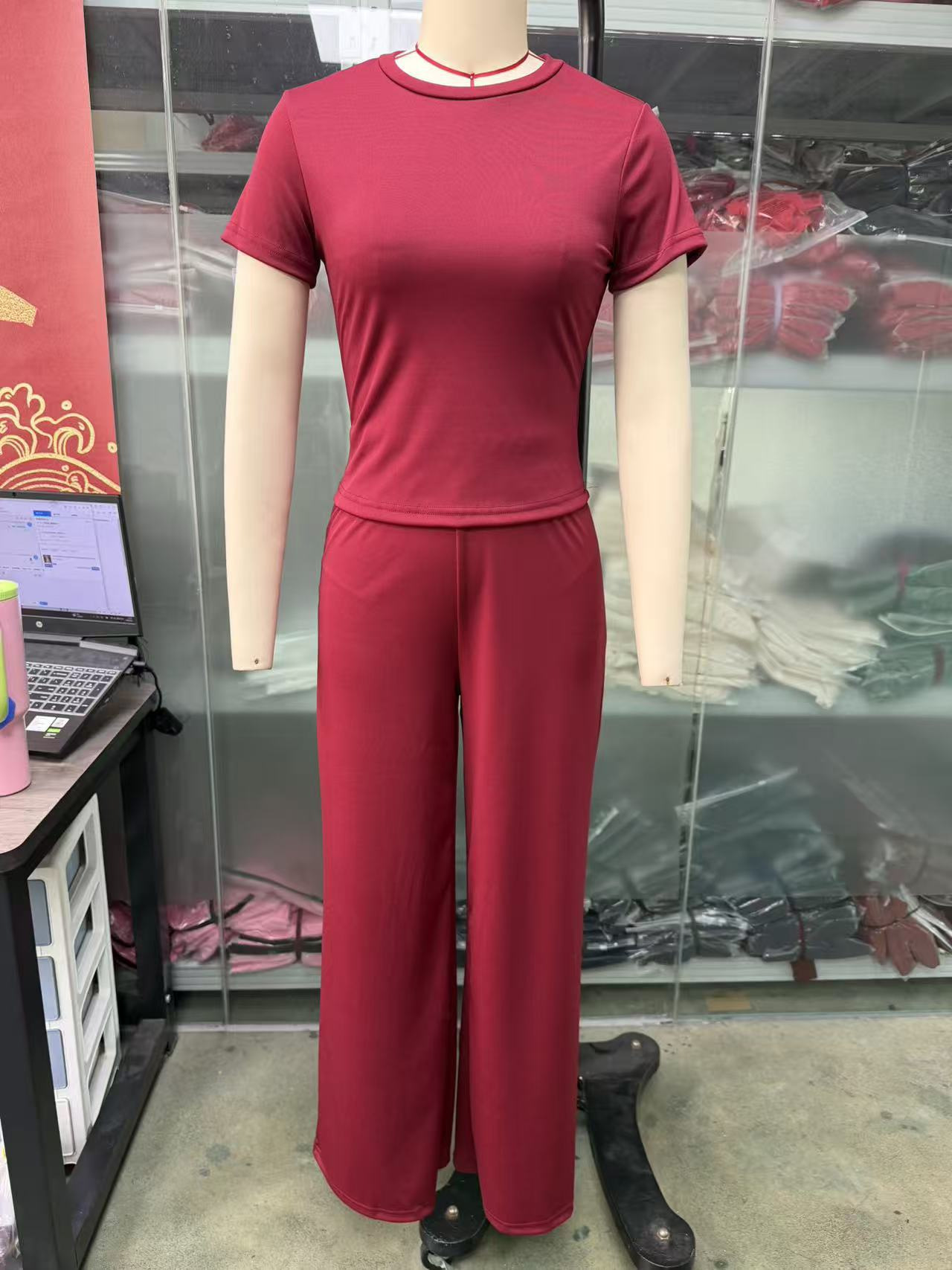Women's Solid Color Crop Top and Flared Pants Set