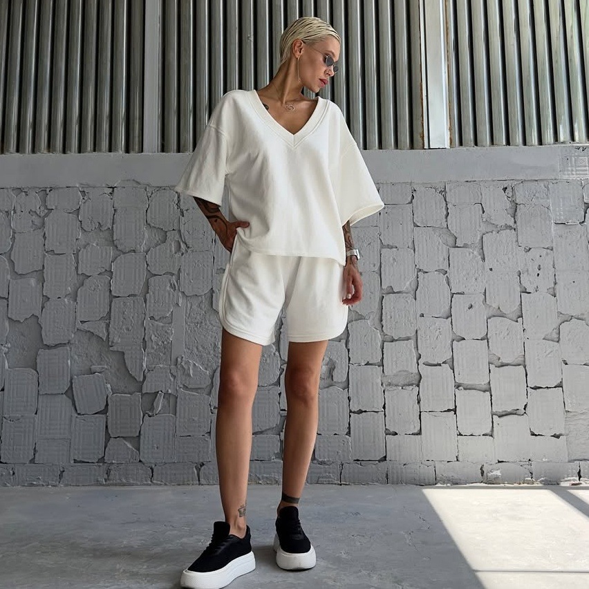 Women's V-Neck Short Sleeve Drawstring Shorts Two-Piece Casual Sport Set