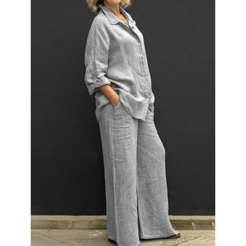 Women's Button-Down Collared Solid Color Shirt Casual Set