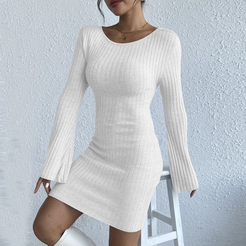 Women's Open-Back Long Knit Sweater Dress with Bell Sleeves