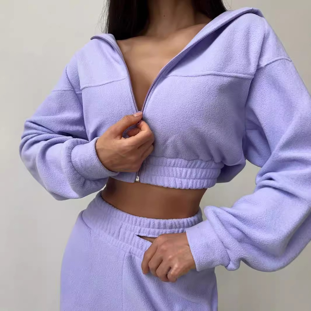 Women's Casual Two-Piece Set Solid Color Long Sleeve Zip Fleece Hoodie & Double-Waist Pants