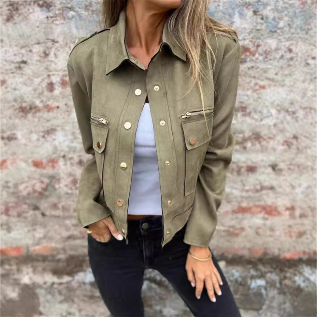 Suede Jacket with Lapel Collar and Metallic Zip
