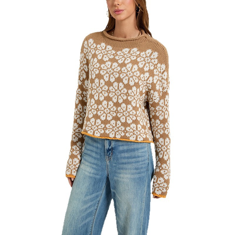 Women's Color-Block Jacquard Crewneck Sweater Loose Knit Pullover