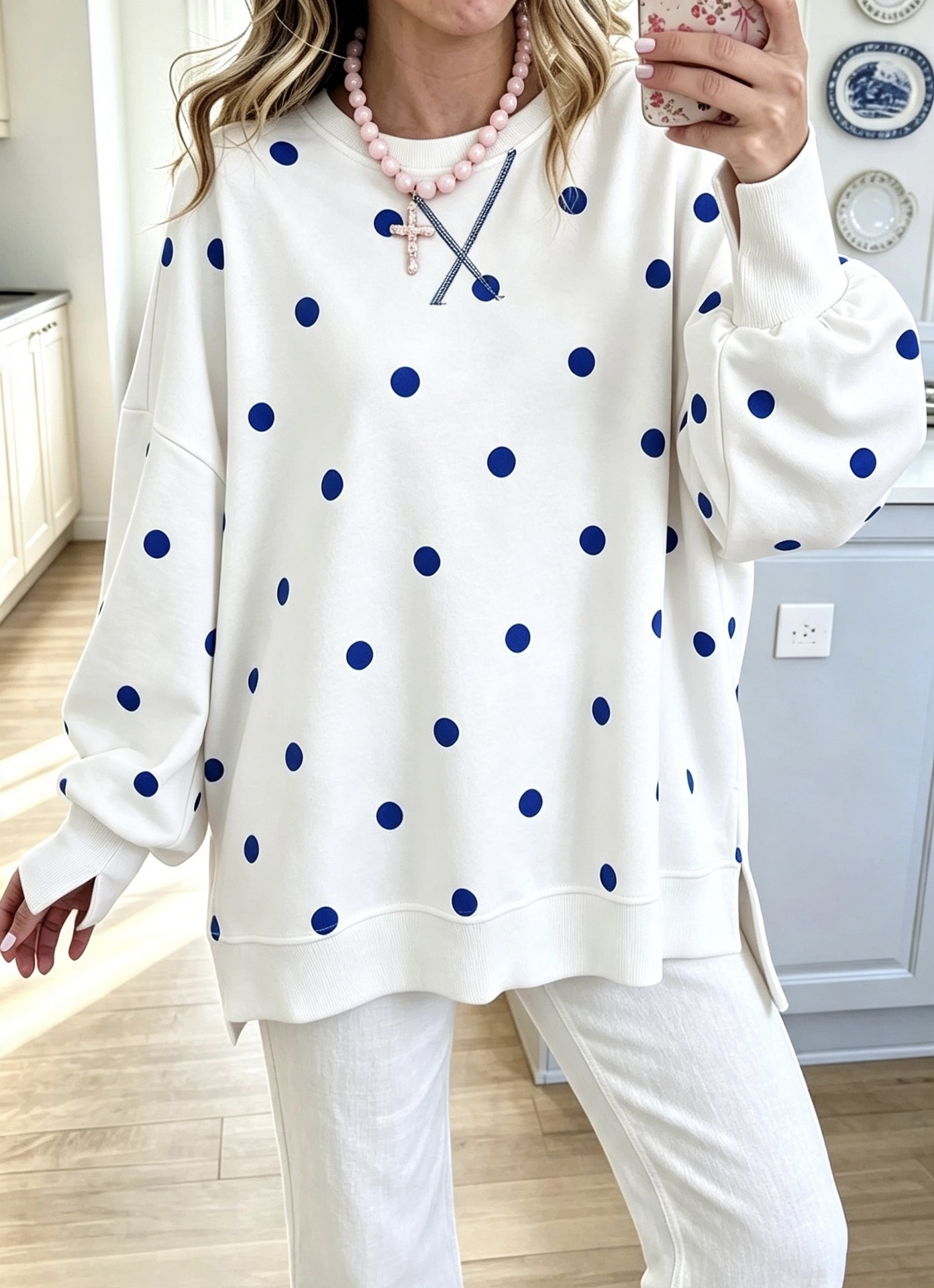 Polka Dot Print Long Sleeve Pullover Sweatshirt Loose Casual Shirt