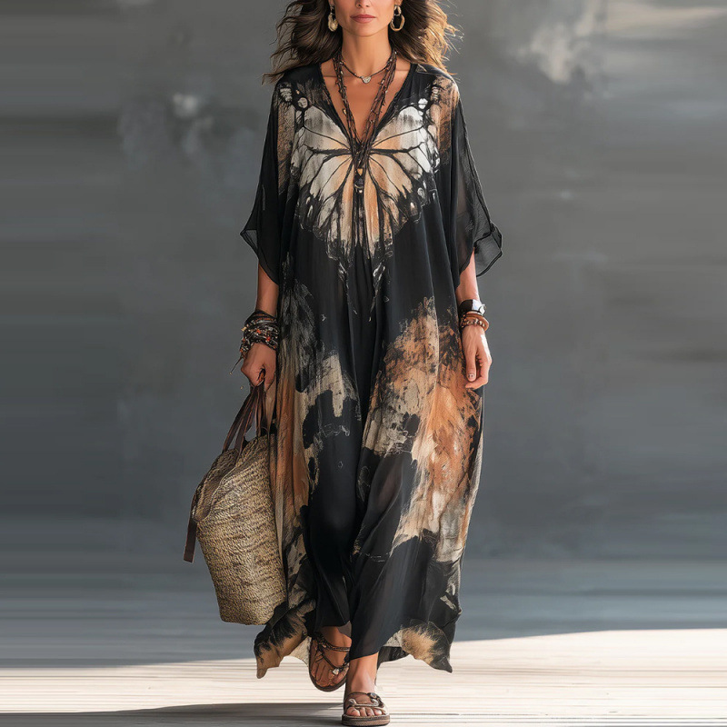 Digital Print Long Sleeve Loose Plus Size Casual Dress