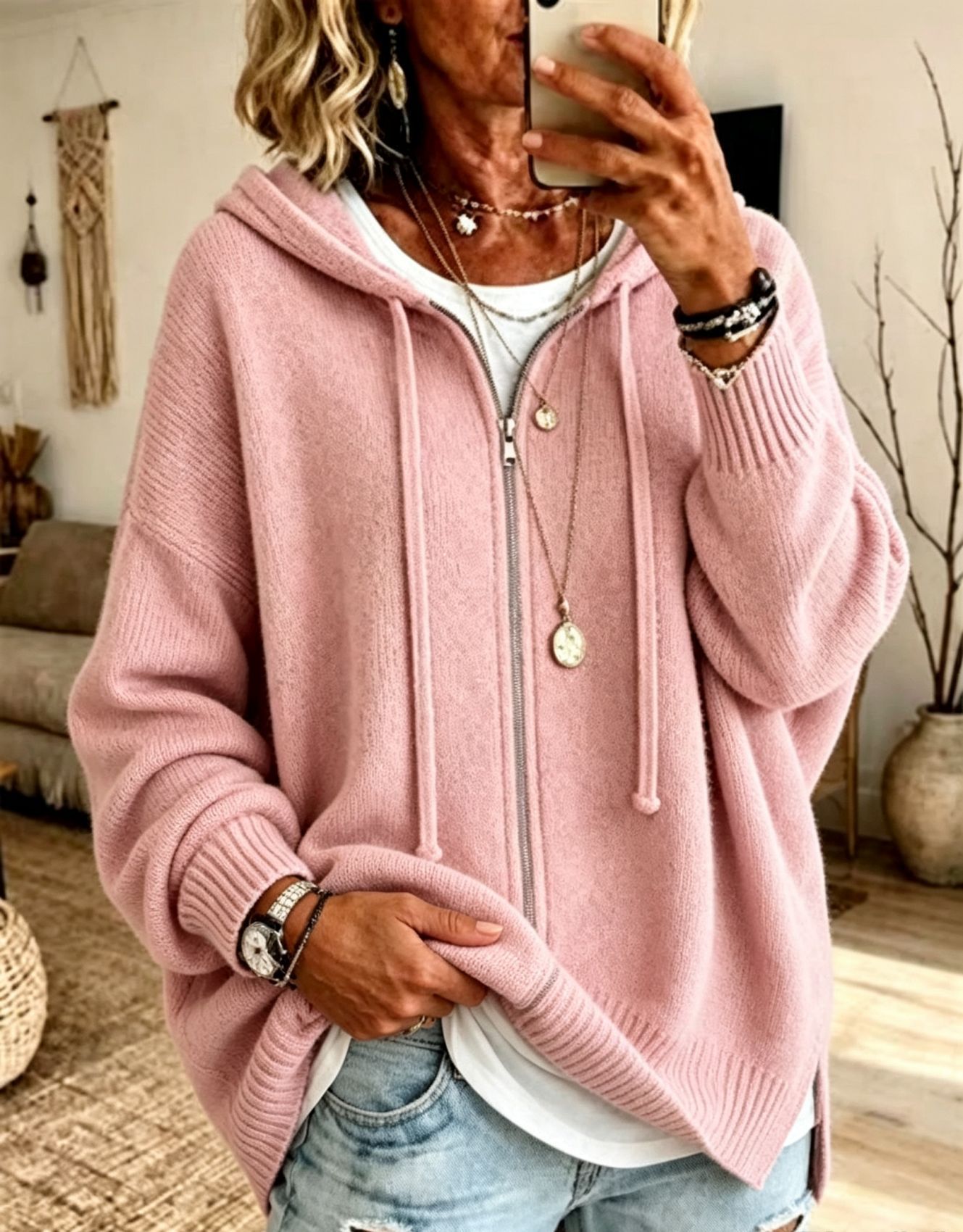 Women's Zip-Up Hooded Knit Cardigan Sweater