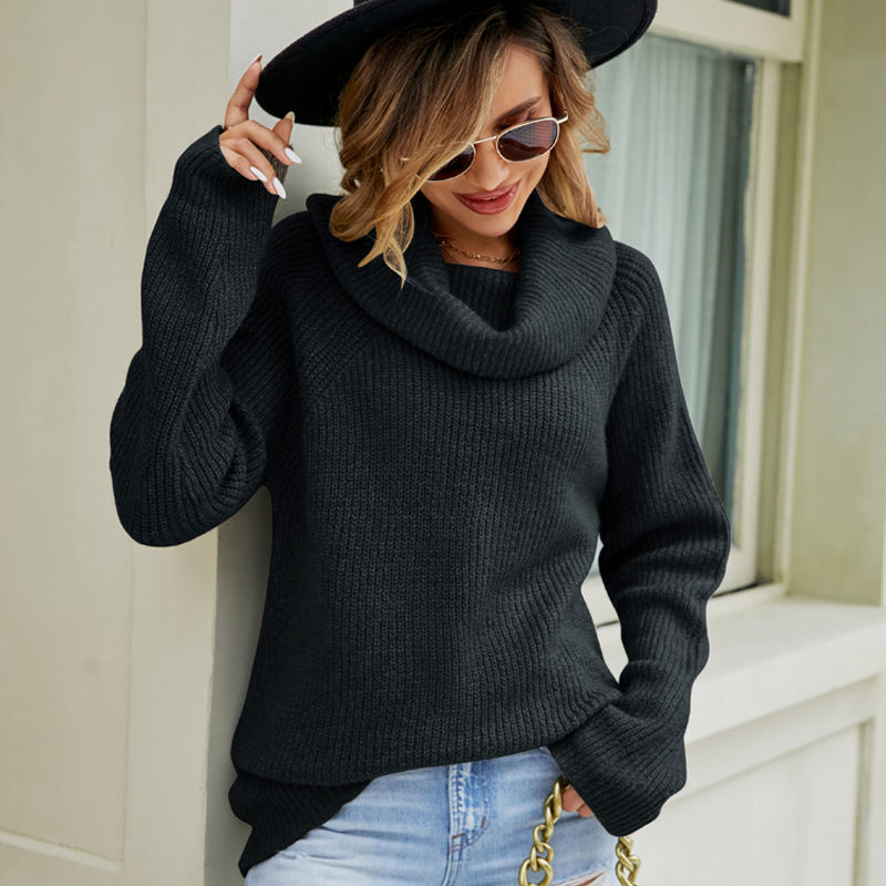 Women's Mid-Length Loose Knit Sweater Solid Color Turn-Down Collar Pullover