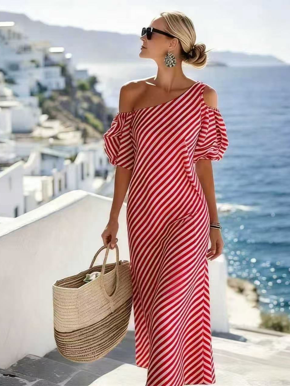 Women's Elegant Striped Off-Shoulder Long Dress for Beach Vacation