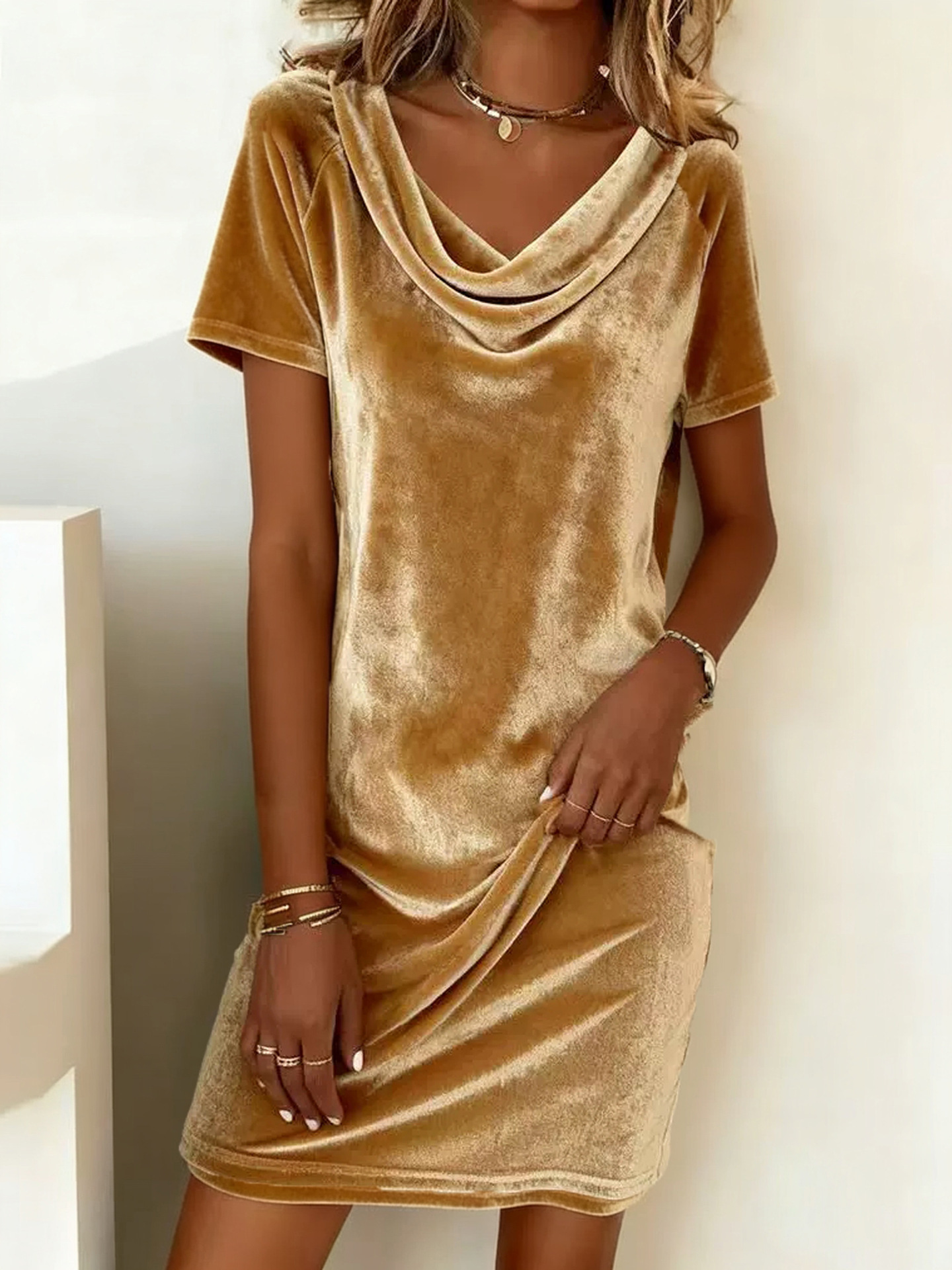 Women's Cowl Neck Velvet Midi Dress Slim Fit Elegant