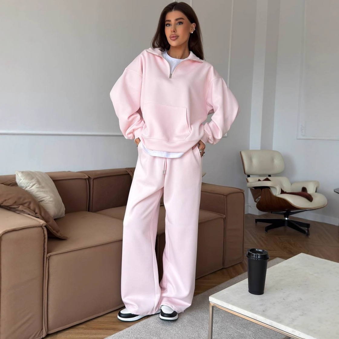 Women's Cotton Blend Zip Collar Pullover Hoodie and Wide-Leg Pants Two-Piece Set