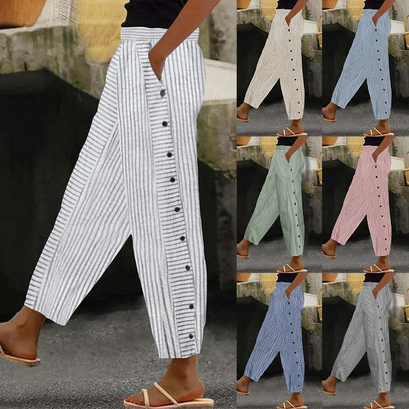 Women's Striped High-Waist Cropped Skinny Pants with Stretch